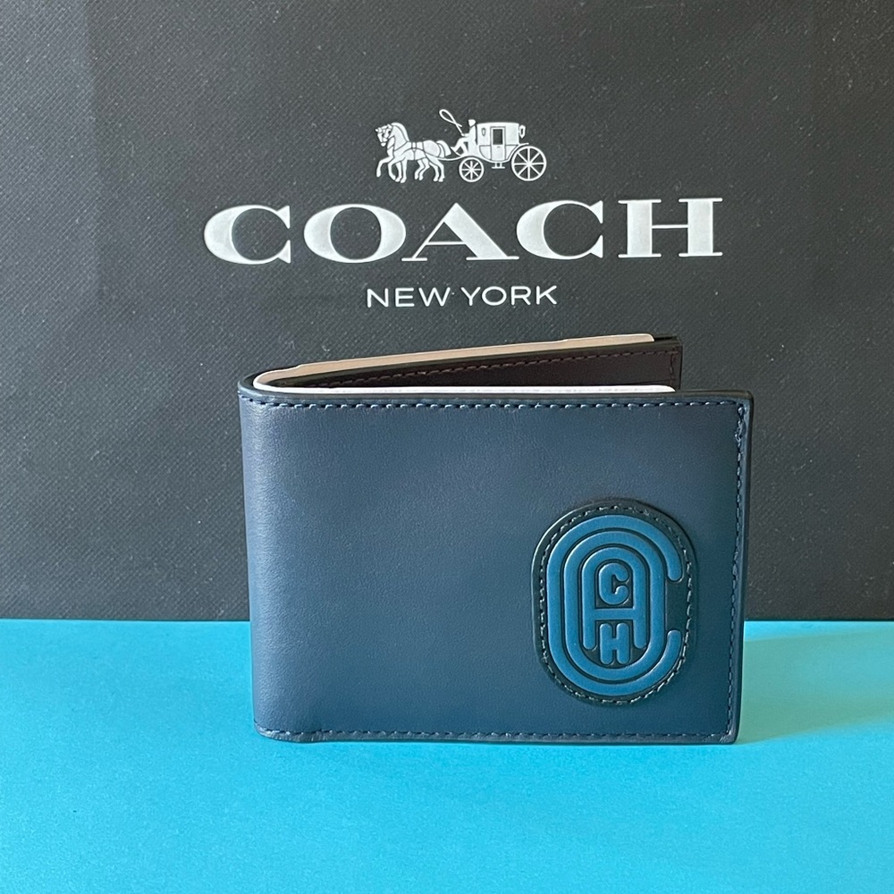 NWT Coach Leather Slim Billfold Wallet With Coach Patch Midnight
